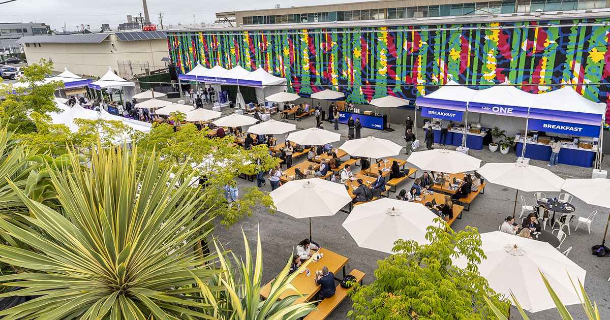 Outdoor networking and community gathering during Ashby One at The Midway
